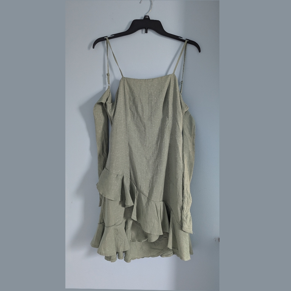 Blue Rain Sage Green Tiered Ruffle Dress Open Tie Back Size M